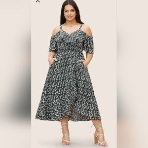 Ditsy Floral Pocket Wrap Cold Shoulder Ruffle Dress, Black/Green, Size 18-20(2X)